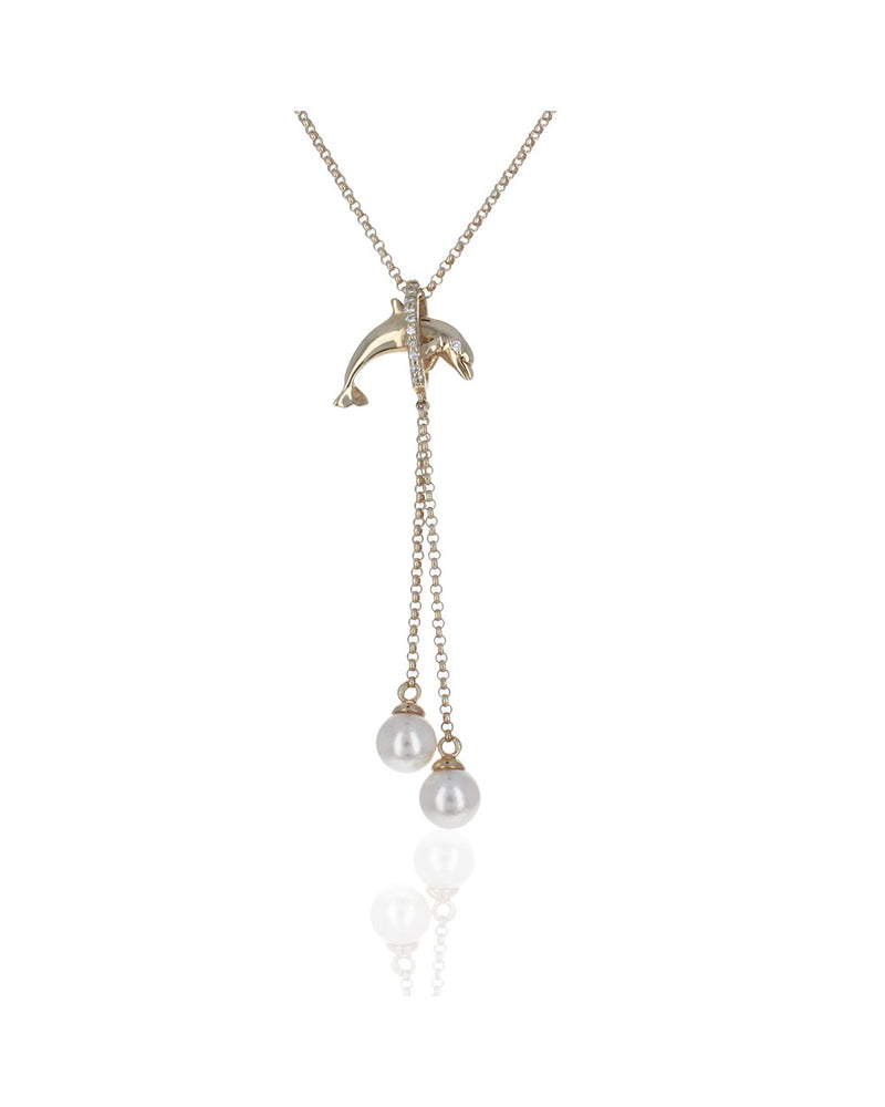 Leaping Dolphin Diamond and Pearl Dangle Necklace