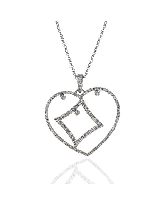 Diamond Pave Open Heart Necklace with Diamond Shape Center