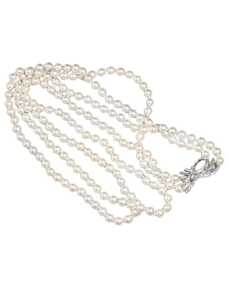 Double Strand Akoya Pearl and Diamond Clasp Necklace