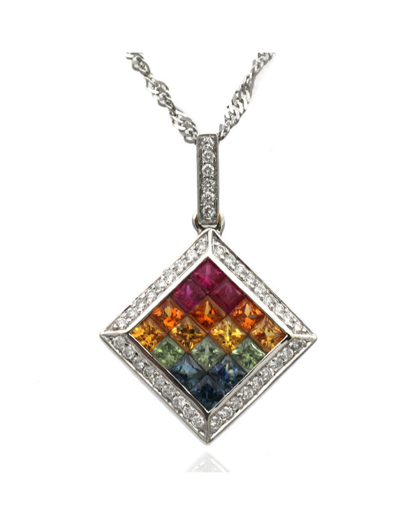 Rainbow Sapphire and Diamond Pendant on Twisted Lace Chain Necklace in White Gold