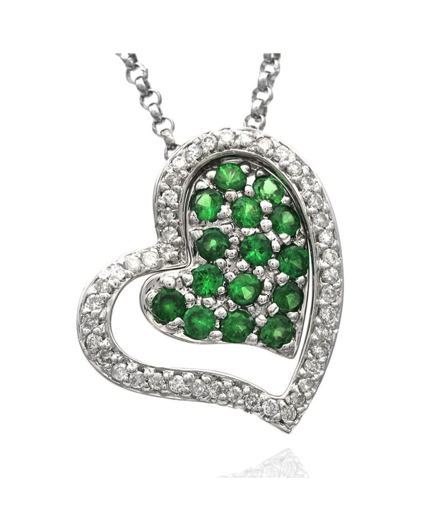 Tsavorite Garnet Heart in Diamond Open Heart Necklace in White Gold