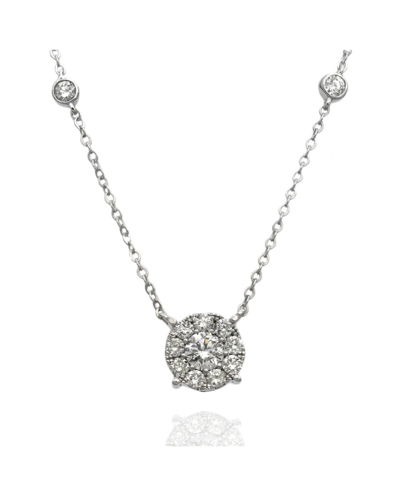 Diamond Halo Pendant with Diamond Stations Necklace in White Gold