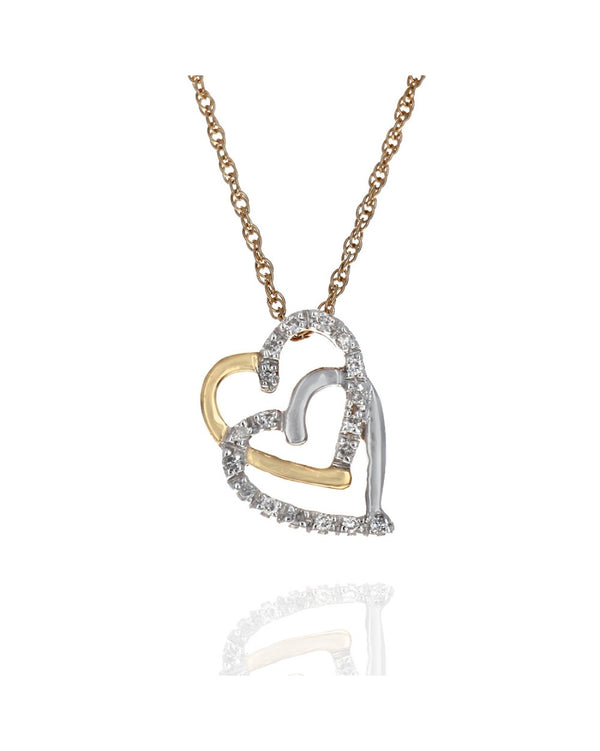 Overlapping Diamond Hearts Necklace in White and Yellow Gold