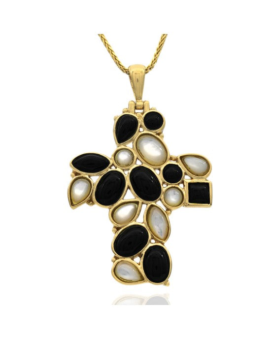 Black Onyx and Mother of Pearl Cross Necklace