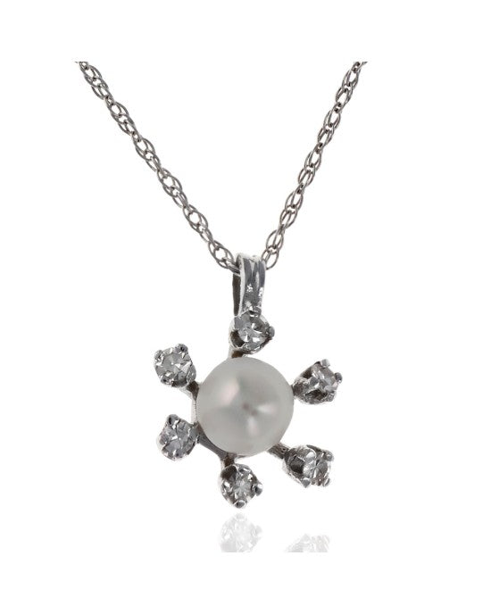 White Pearl and Diamond Snowflake Necklace in White Gold