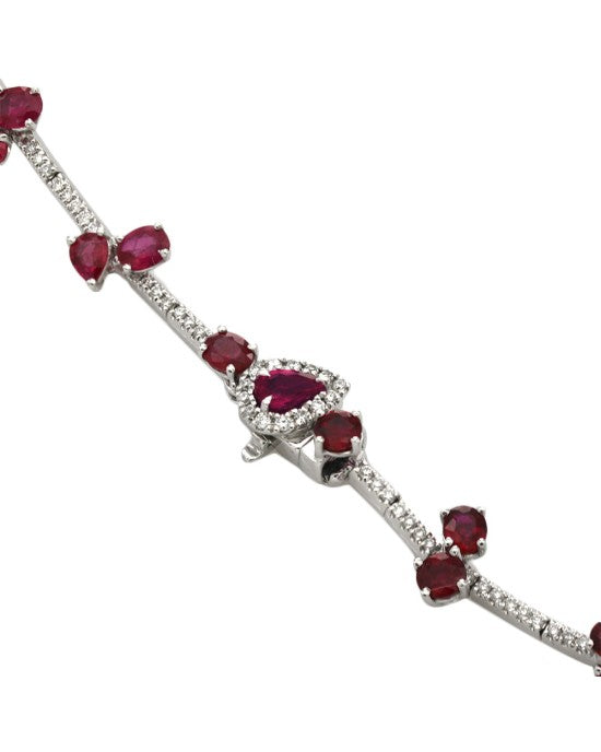 Mixed Cut Ruby and Diamond Drop Necklace in White Gold