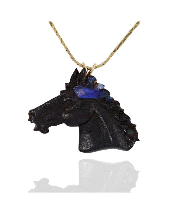 Ethiopian Boulder Opal Carved Horse Head Pendant on Cobra Chain