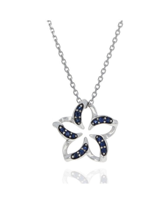 Blue Sapphire Floating Plumeria Necklace in White Gold