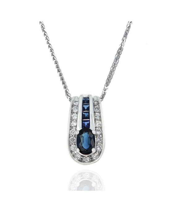 Blue Sapphire and Diamond Drop Necklace in White Gold