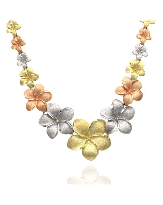 Graduated Plumeria Link Necklace in White, Rose, and Yellow Gold