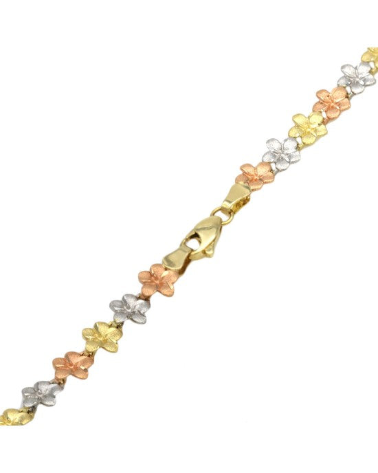 Graduated Plumeria Link Necklace in White, Rose, and Yellow Gold