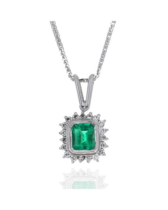 Emerald and Diamond Halo Drop Necklace