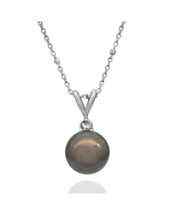 Black Tahitian Pearl and Diamond Accent Necklace in White Gold