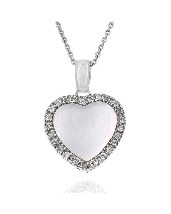 Mother of Pearl and Diamond Halo Heart Drop Necklace