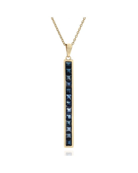 Blue Sapphire Vertical Bar Drop Slider Necklace in Yellow Gold