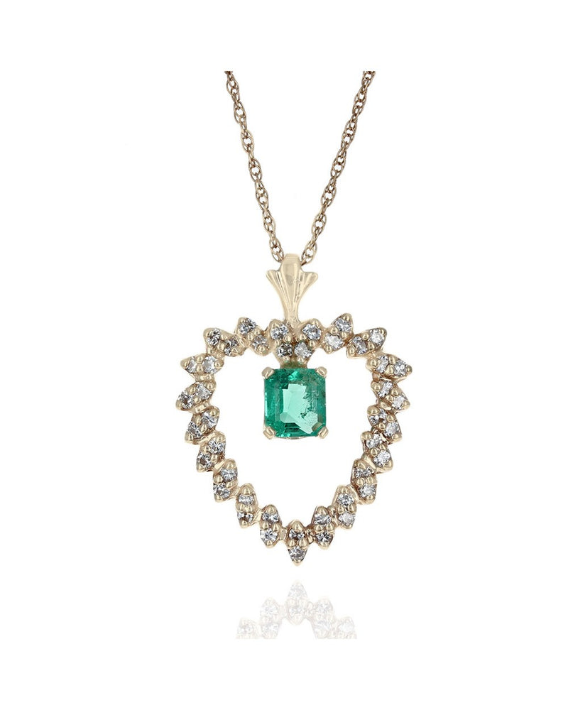 Emerald and Diamond Open Heart Drop on Lace Chain