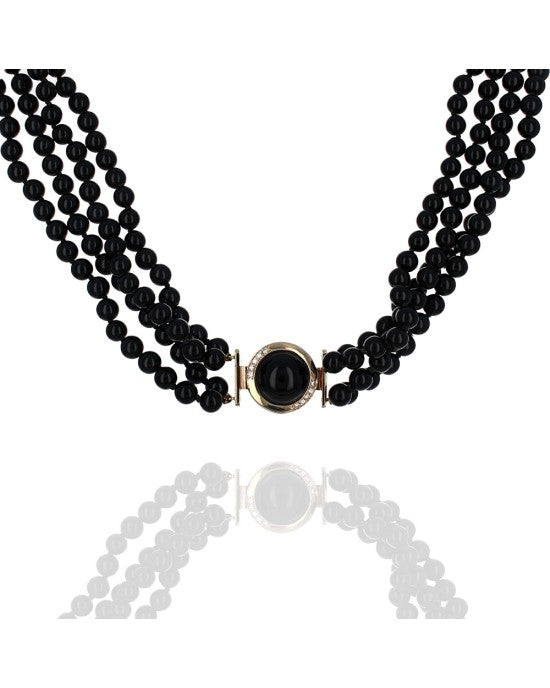 Black Onyx Bead Necklace with Black Onyx and Diamond Clasp