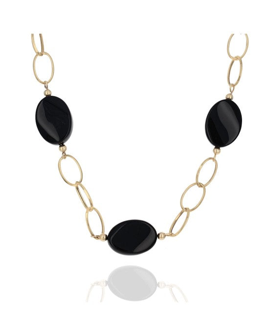 Black Onyx Bead Station Chain Link Necklace