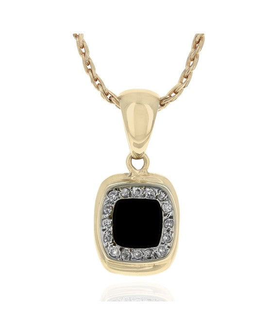 Square Black Onyx and Diamond Halo Drop Necklace in Yellow Gold