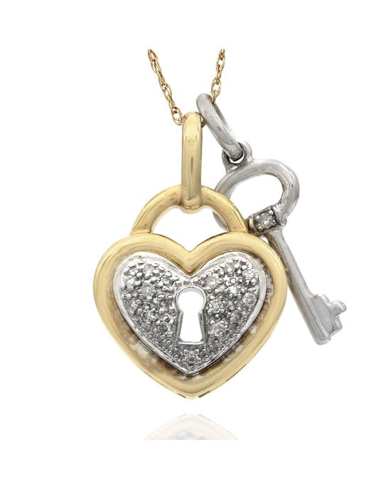 Pave Diamond Heart Shaped Padlock and Key Necklace in White and Yellow Gold