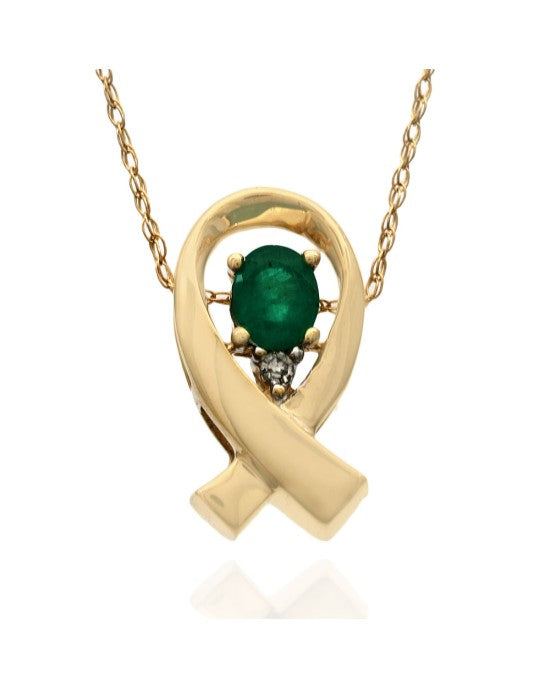 Emerald and Diamond Ribbon Drop Necklace in Yellow Gold