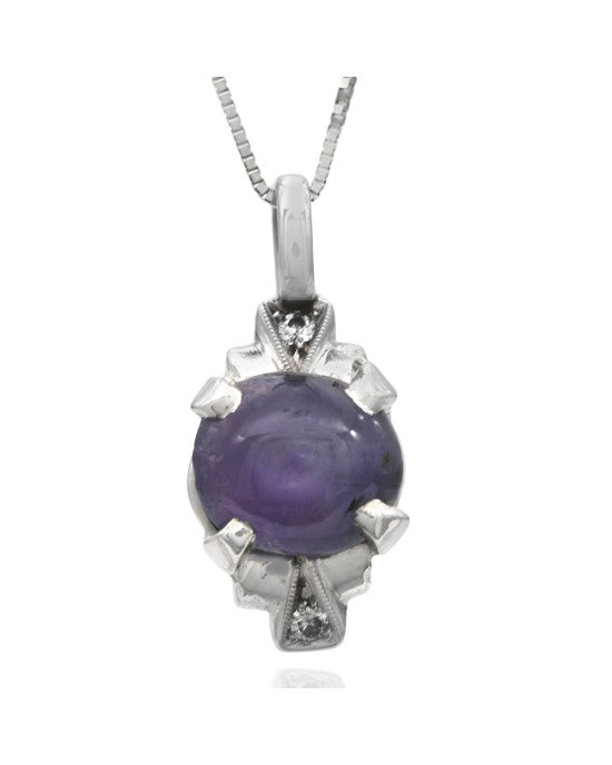 Lavender Star Sapphire and Diamond Drop Necklace in White Gold