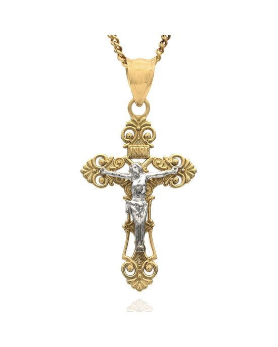 Filigree Crucifix Necklace in White and Yellow Gold