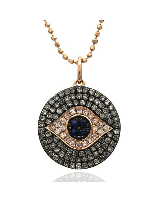 Pave Diamond and Blue Sapphire Evil Eye Drop Necklace in Rose Gold