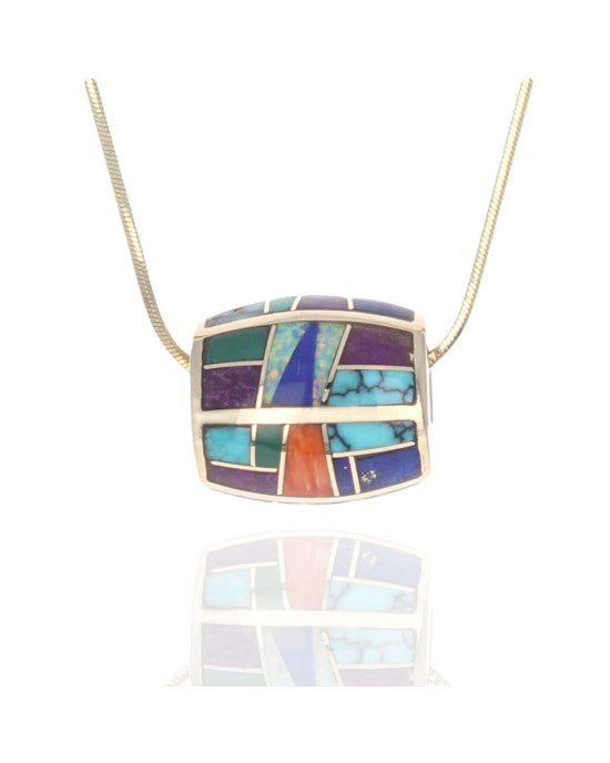 Mixed Gemstone Inlay Barrel Pendant Necklace