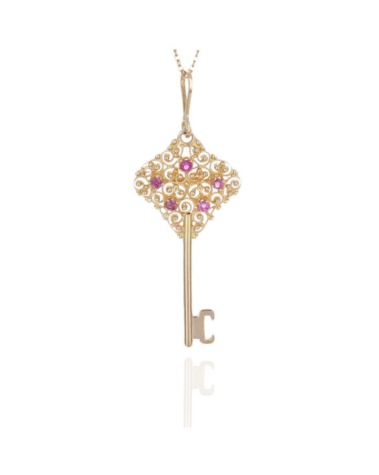 Pink Sapphire Scroll Motif Key on Cable Chain