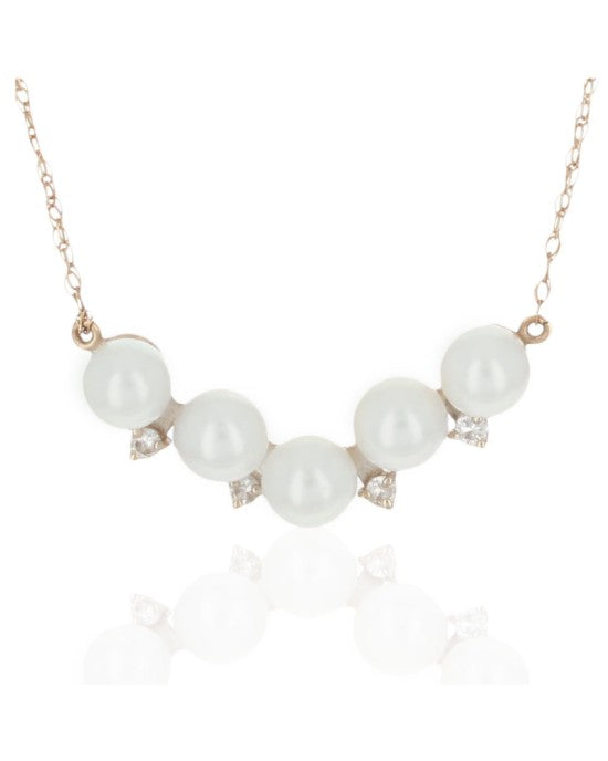 Pearl and Diamond Station Necklace in Yellow Gold