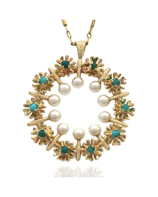 Pearl and Turquoise Wreath Drop Necklace