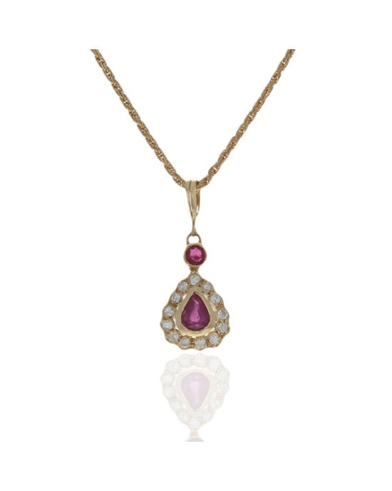 Ruby and Diamond Halo Drop Necklace in Yellow Gold