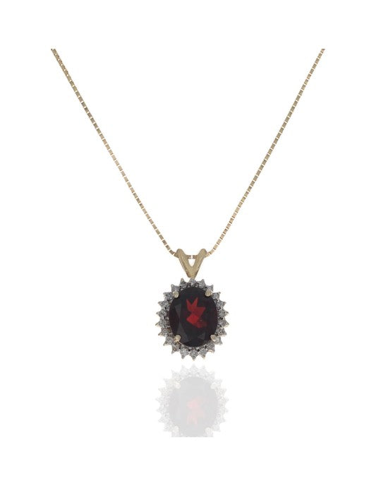 Pyrope Garnet and Diamond Halo Drop Necklace in White and Yellow Gold