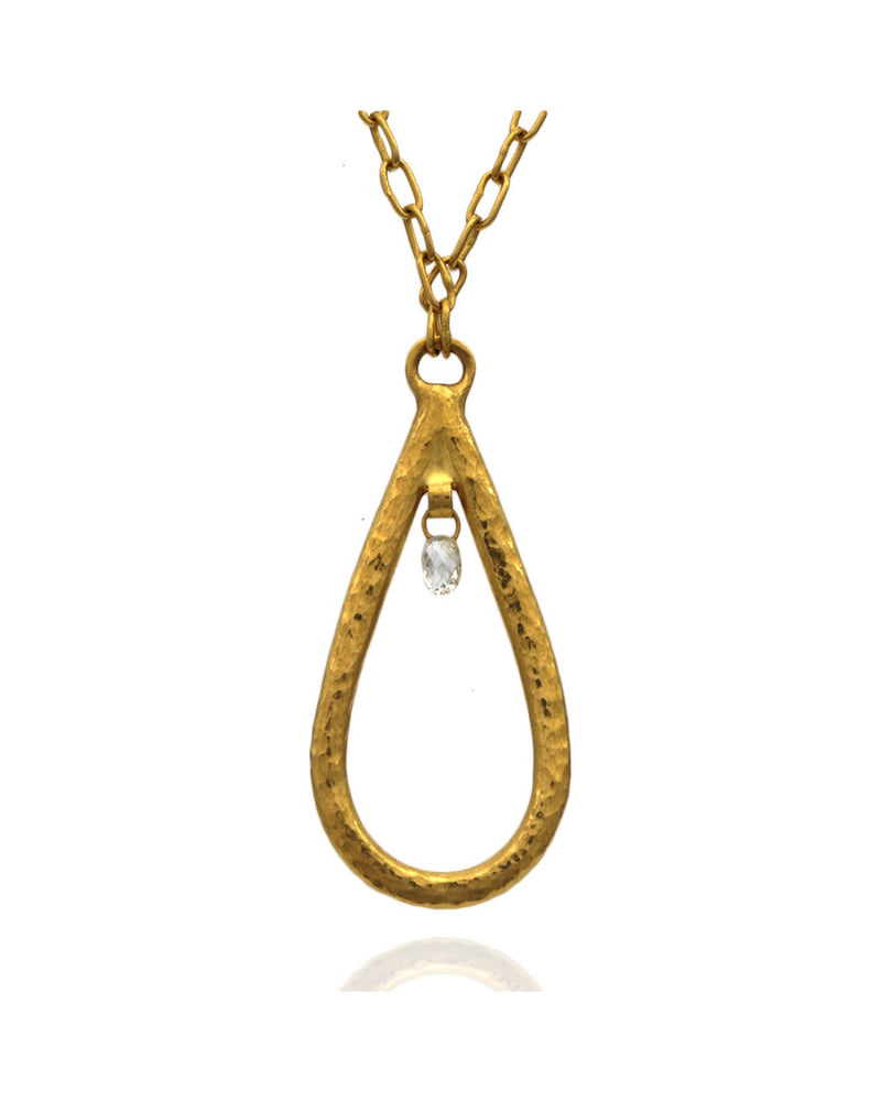 Hammered Swinging Diamond Open Teardrop Necklace in Yellow Gold