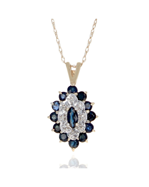 Blue Sapphire and Diamond Double Halo Drop Necklace in White and Yellow Gold