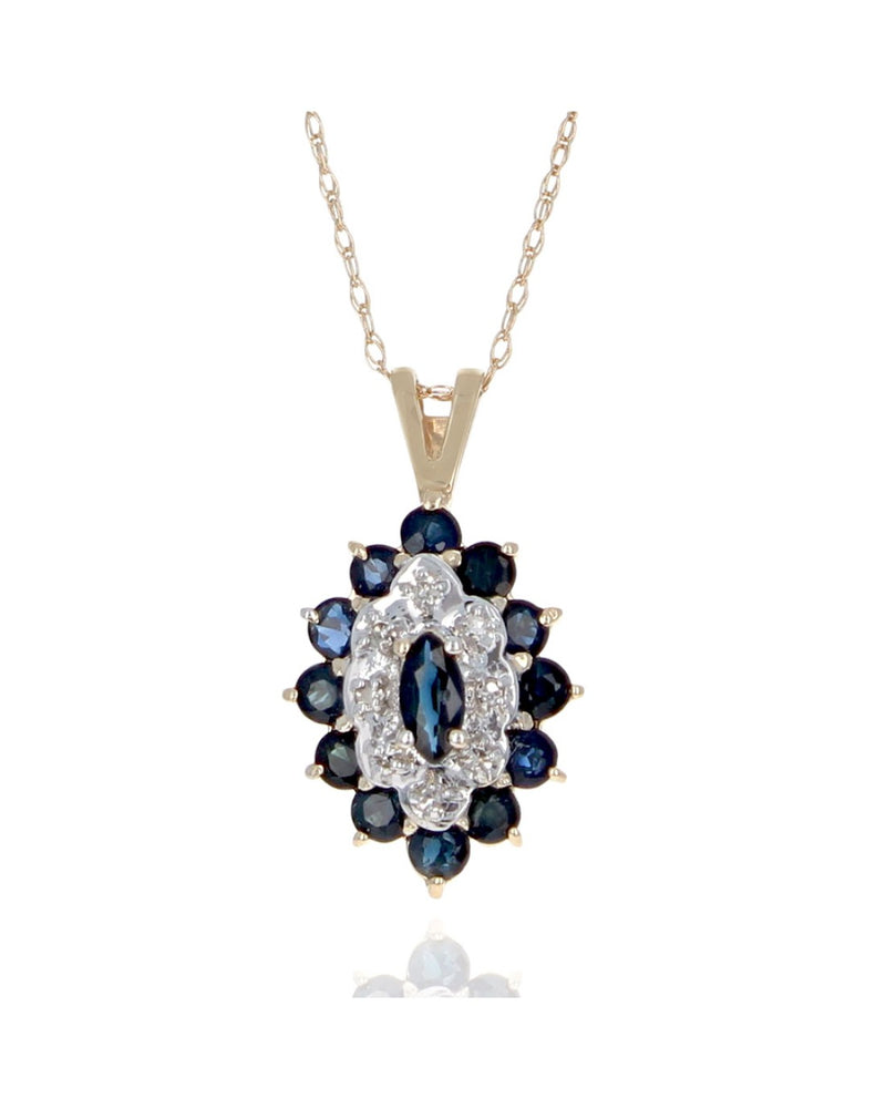 Blue Sapphire and Diamond Double Halo Drop Necklace in White and Yellow Gold