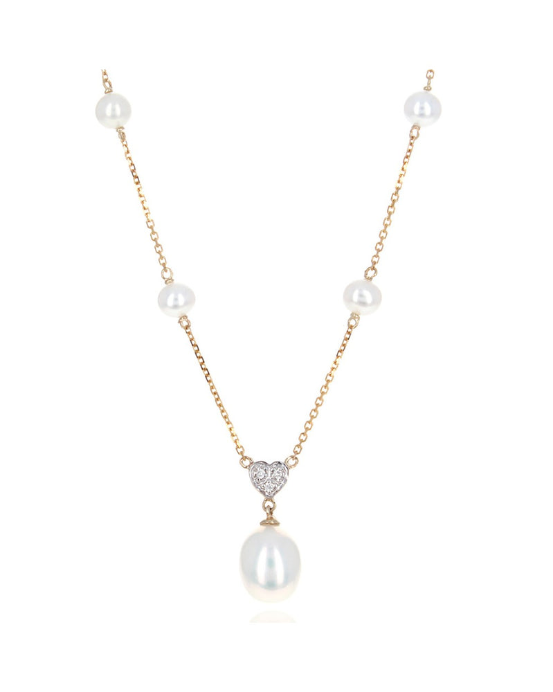 Freshwater Pearl Station and Diamond Heart Accent Drop Necklace