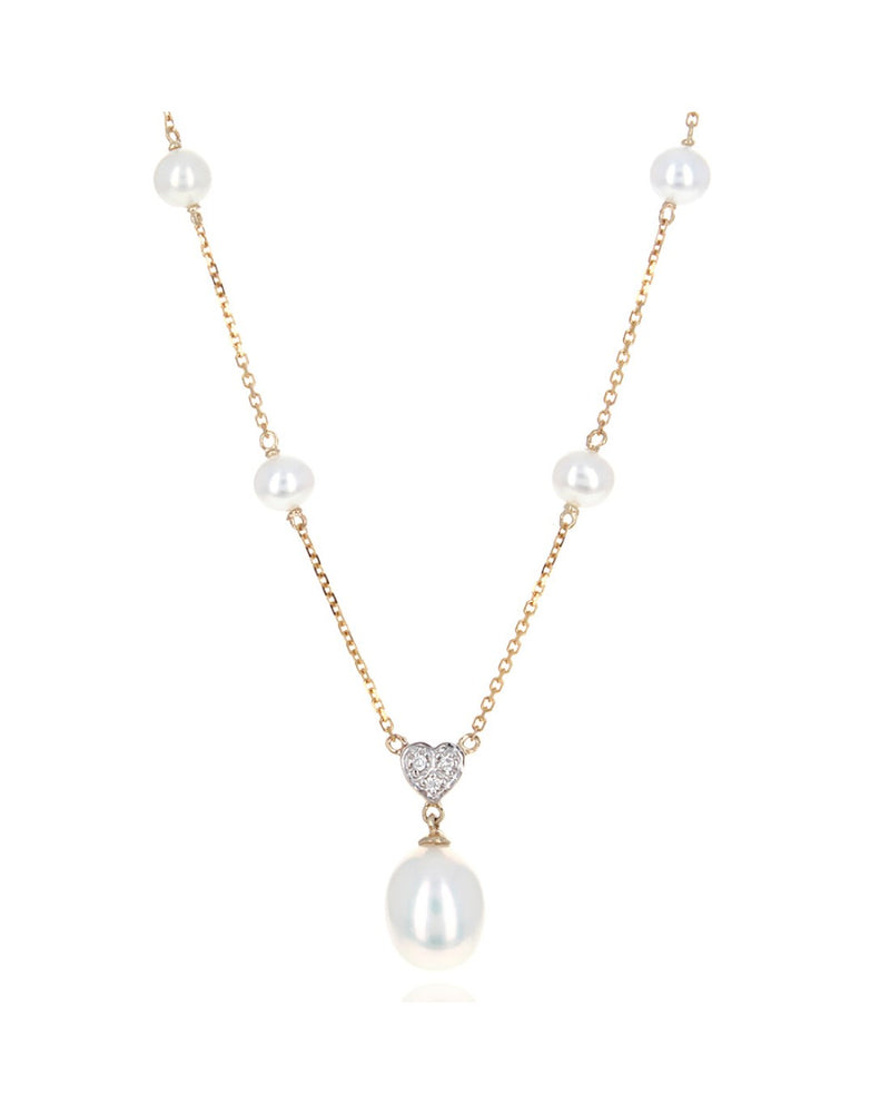 Freshwater Pearl Station and Diamond Heart Accent Drop Necklace