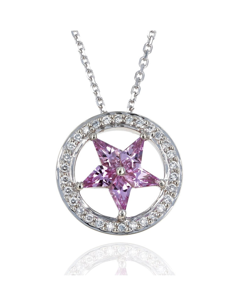 Pink Sapphire Star and Diamond Halo Drop Necklace