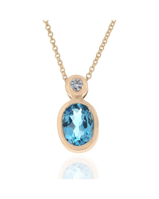 Swiss Blue Topaz and Diamond Drop Necklace in Yellow Gold