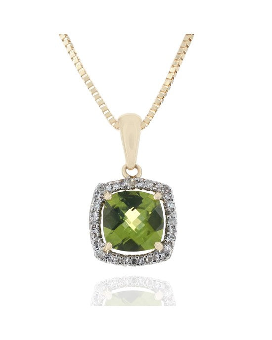 Peridot and Diamond Halo Drop Necklace in Yellow Gold