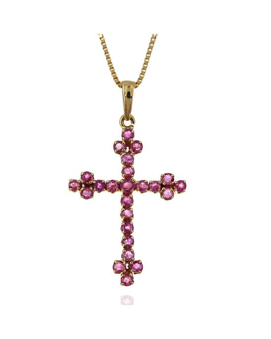 Red Burmese Ruby Cross Necklace in Yellow Gold