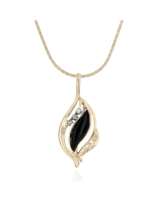 Black Coral and Diamond Foliate Motif Drop Necklace in Yellow Gold