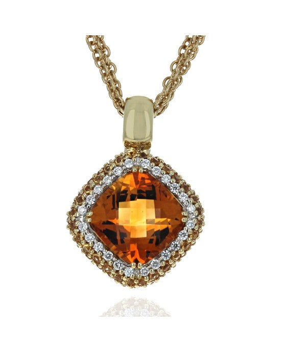 Checkerboard Citrine and Diamond Drop Triple Cable Necklace