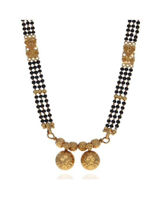 Black Onyx Bead and Gold Station 3 Strand Necklace in 22K Yellow Gold