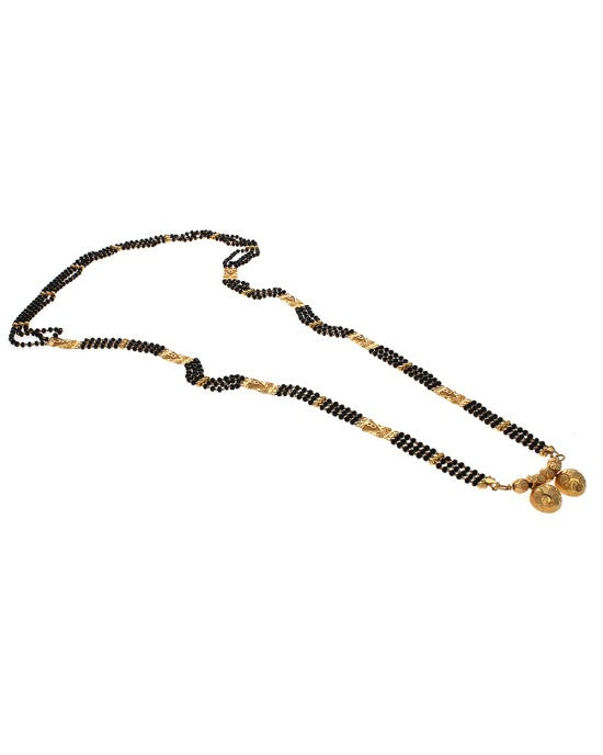 Black Onyx Bead and Gold Station 3 Strand Necklace in 22K Yellow Gold