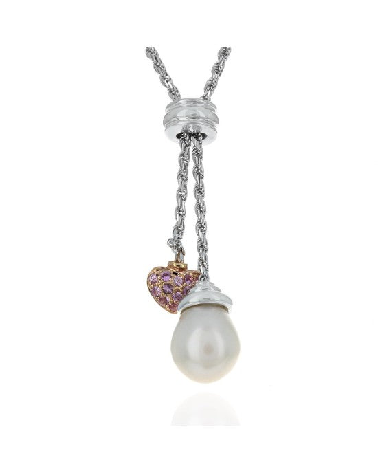 Pearl, Pink Sapphire Heart and Diamond Accent Lariat Necklace