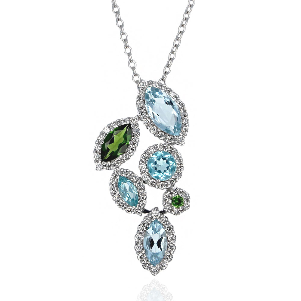 Aquamarine, Apatite, Chrome Diopside and Diamond Drop Necklace