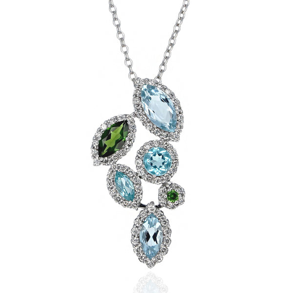 Aquamarine, Apatite, Chrome Diopside and Diamond Drop Necklace